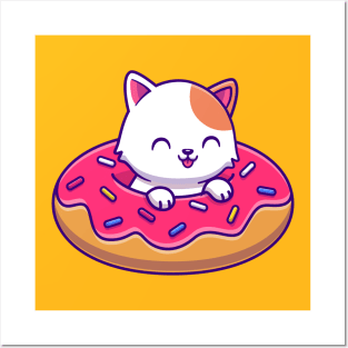 Cute Cat With Doughnut Balloon Cartoon Posters and Art